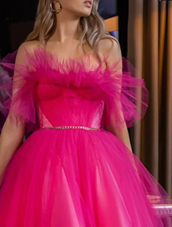 Luolandi A-Line Evening Gown Elegant Dress Wedding Guest Party Wear Tea Length Sleeveless Strapless Tulle with Pleats Prom Dress